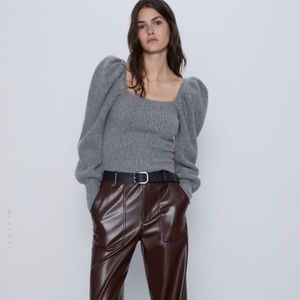 Zara grey puff sleeve square neck sweater
